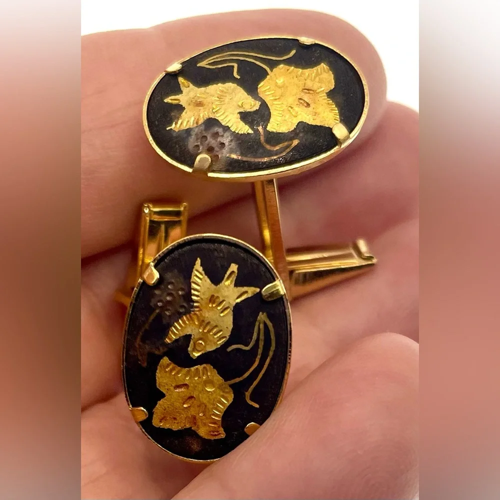 Vintage Gold Tone and Black Damascene Cufflinks